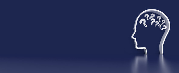 Moving Questionmarks in Human Head outline in front of a color wall background. Business Psychology concept