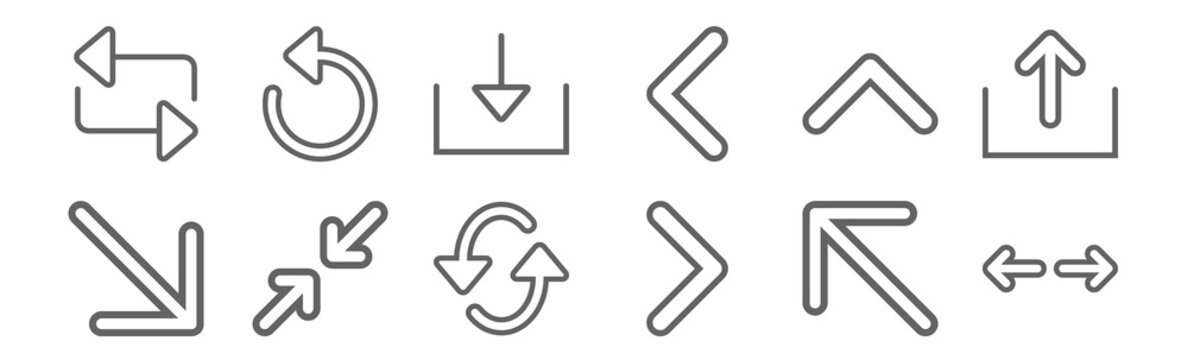 set of 12 arrows icons. outline thin line icons such as arrow, arrow, minimize, arrow, download, reload