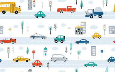 Cute children's seamless pattern with cars, traffic lights and road signs on a white background. Illustration of highway in a cartoon style for Wallpaper, fabric, and textile design. Vector - 330777981