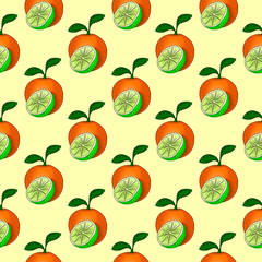 Seamless cartoon pattern with orange yellow green citrus fruit on yellow background for banner, poster, textile, candy wrapper, wrapping paper and web design.