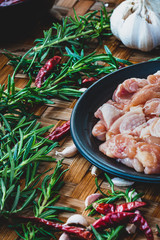 : Food ingredients Stir fried chicken with basil Spicy Thai food Decorated with beautiful space on a custom made bamboo floor