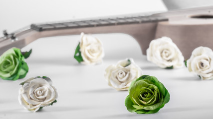 Green and white roses on a white background, vintage style