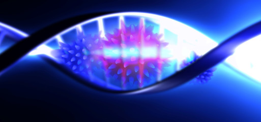 Abstract virus molecule background illustration. Spiral DNA and bacteria. Type of virus under the microscope. Coronavirus pandemic. Quarantine. Attention.