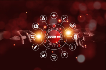 Two Hand touching to CORONA Virus and health medical icon.Now COVID 19 already epidemic around the world and many people dies.