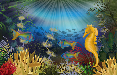 Fototapeta na wymiar Underwater wallpaper with seahorse, vector illustration