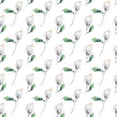Hand drawn watercolor white calla lily flowers and green leaves Seamless pattern.
