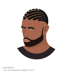 Vector illustration of a man with braids and a hollywoodian beard on a white background. The modern person with a stylish haircut and beard. Template for barbershops, salons. Avatar in style realism.