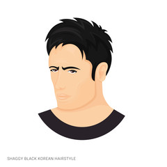 Vector illustration of a man with shaggy black korean hairstyle on a white background. The person with stylish haircut. Template for barbershops, salons. Avatar in style realism.