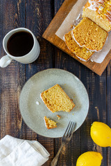 Homemade lemon cake on a wooden background. Recipe. Vegetarian food. Pastries.
