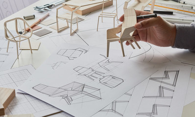 Designer sketching drawing design development product plan draft chair armchair Wingback Interior...