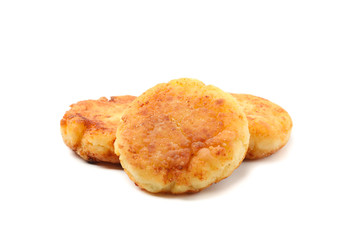 Cottage cheese pancakes isolated on white background
