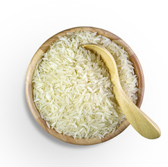 Parboiled Rice and wooden spoon in a wooden cup isolated on white background. with clipping paths.