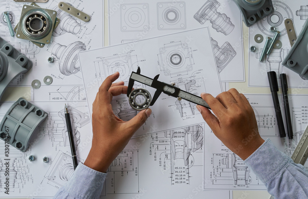 Poster engineer technician designing drawings mechanical parts engineering engine.manufacturing factory ind