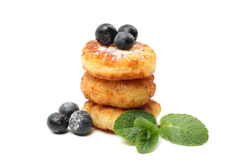 Cheese pancakes, blueberry and mint isolated on white background