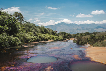 Natural phenomenon of Quebrada las Gachas in Guadalupe, Colombia. These are natural plunge pools of up to 6ft in the purple algae bloom covered riverbed © Lozzy