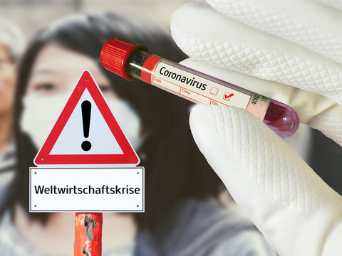 Warnschild Weltwirtschaftskrise Coronavirus Symbolisch