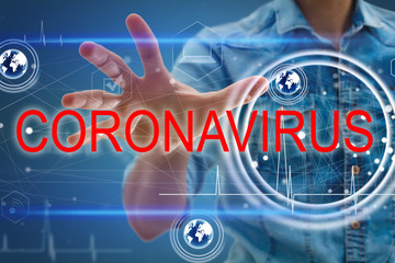Hand with digital medical interface on corona virus background. Technology and medicine concept