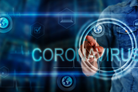 Hand with digital medical interface on corona virus background. Technology and medicine concept