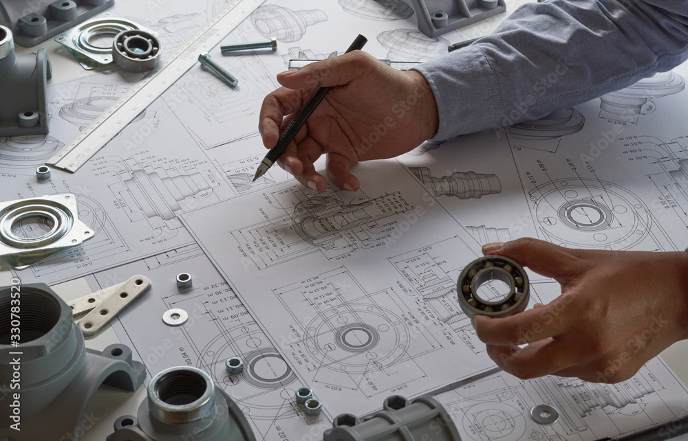 Poster engineer technician designing drawings mechanical parts engineering engine.manufacturing factory ind