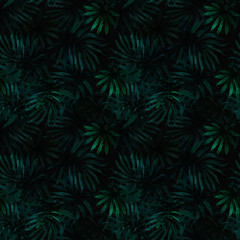 Naklejka na ściany i meble Watercolor tropical palm leaves seamless pattern. Hand drawn jungle illustration dark background.