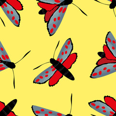Six spot burnet butterfly seamless vector pattern background. Day flying moth illustration.Scottish coastal insect repeat backdrop. All over print for Scotland summer, wildlife, conservation concept.