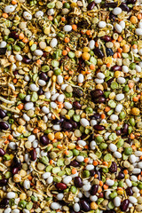 Mix of dry beans, peas, lentils and mung beans. Raw ingredients for bean soup background.