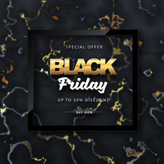 Fototapeta na wymiar Black friday sale banner on black marble background with golden elements