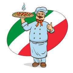 Chief cook with pizza on plate. Vector illustration. Man in cooks uniform. Cartoon character.