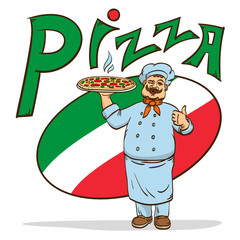 Chief cook with pizza on plate. Vector illustration. Man in cooks uniform. Cartoon character.