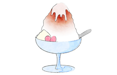 イチゴ味のかき氷、アイスクリームと練乳付き