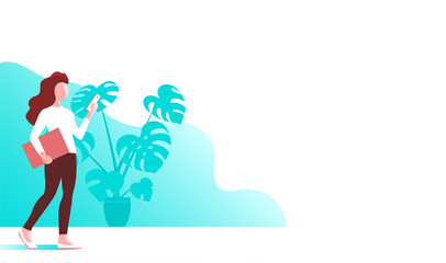 Modern girl works in the office. Comes with documents and a smartphone. In the background is a houseplant. Vector flat illustration with place for text.