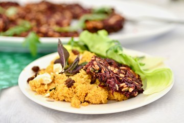 South American food, vegetable, meat, pancake with rice and crispy salad.