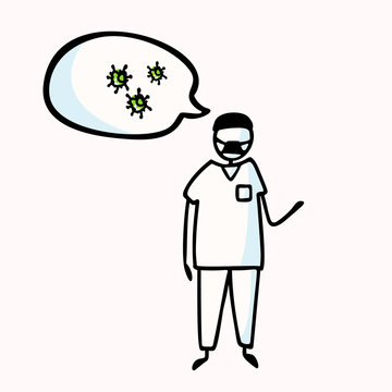 Corona virus covid 19 stick man doctor explainer infographic. Viral flu face mask spread news alert. Educational graphic design clipart. Icon set black white. Vector flu safety caution awareness.  