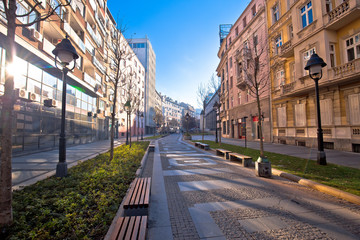 Naklejka premium Belgrade. Cobbled streets in historic Beograd city enter view