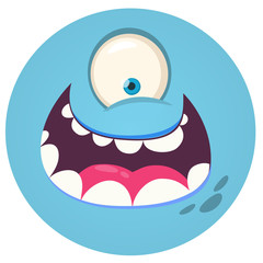 Funny cartoon monster face. Vector Halloween monster round avatar.