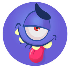 Obraz premium Funny cartoon monster face showing tongue. Vector Halloween monster round avatar.