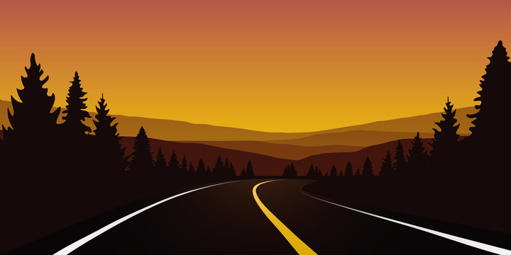 travel road in orange forest autumn landscape vector illustration EPS10