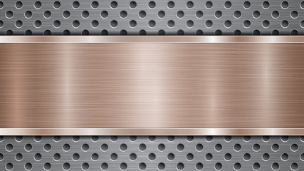 Background of silver perforated metallic surface with holes and horizontal bronze polished plate with a metal texture, glares and shiny edges
