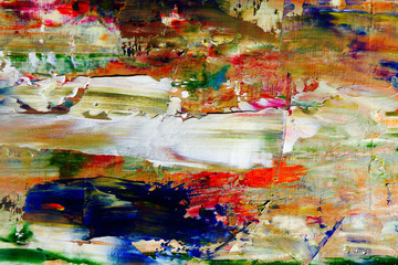 Colorful abstract painting background. Color texture. Intensive multicolor mix of oil vibrant colors. Paint Brushstrokes on canvas for trendy poster wallpaper. 