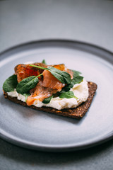 Danish smorrebrod on board. Restaurant food, traditional cuisine