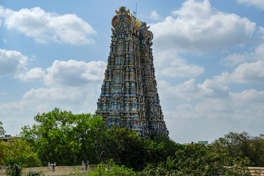 Madurai, India - March 2020: Gopuram of the Hindu Meenakshi Amman Temple on March 10, 2020 in Madurai, India.