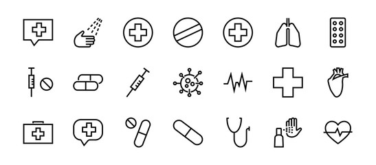 Simple Set of Medicine, Pills Related Vector Line Icons. Contains icons such as Pain, Syringe, tablet and more. Editable stroke. 480x480 pixels perfect, on a white background