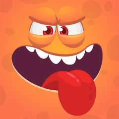 Angry cartoon monster face showing tongue. Vector Halloween monster square avatar.