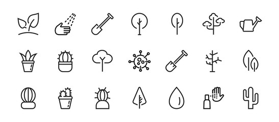 A set of Rosteniya Icons, and garden care, Vector illustration, Contains Icons such as tree, cactus, watering can, spade, flower and much more. on a white background, editable bar 480x480 © RUVYM