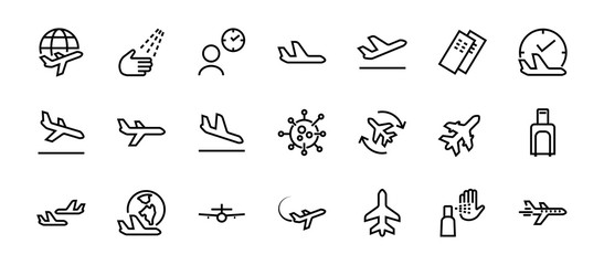 Fototapeta premium A simple set of airport related vector line icons. Contains badges such as departure, boarding, waiting time, boarding, find a place to travel tickets, and much more. Editable stroke. 48x48 pixels