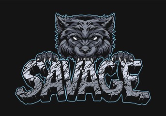 Aggressive wolf holding Savage inscription © DGIM studio