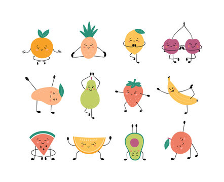 Cute fruits and berries in yoga pose. Apple, banana, pear and other fruits practicing yoga and meditates. Funny vector cartoon characters isolated on white background