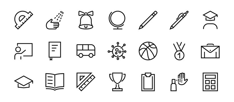 A simple set of school items. Contains icons such as student, award, geography, physical education, geometry and more. On white background. Editable stroke. 480x480