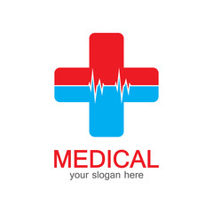 Medical logotype. Pharmacy colored plus cross in a soft shape. Tests, pharmaceutical sign with cardio scheme. Help and health care symbol. Branding identity with cross shape elements.
