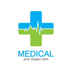 Medical logotype. Pharmacy colored plus cross in a soft shape. Tests, pharmaceutical sign with cardio scheme. Help and health care symbol. Branding identity with cross shape elements.